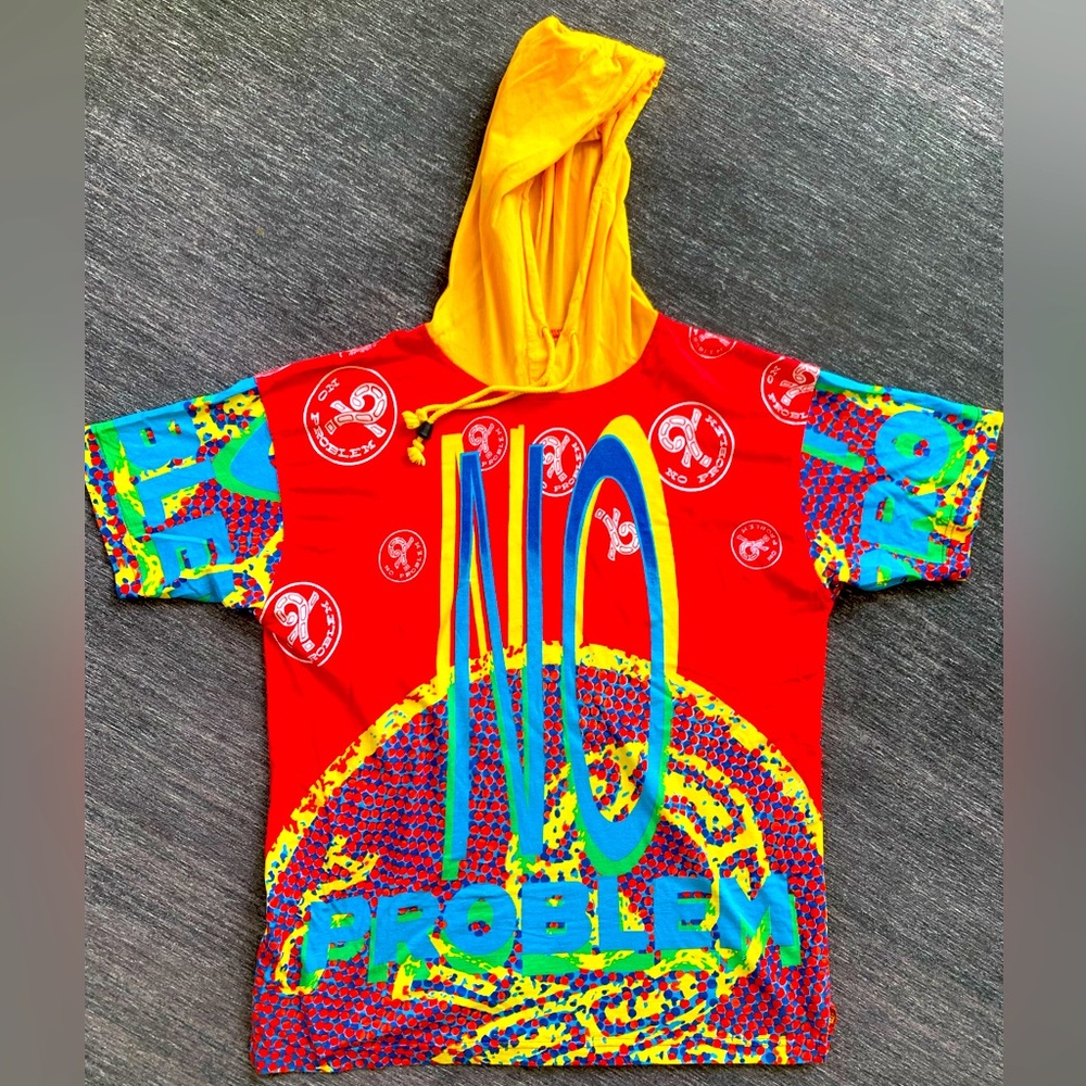 VTG No Problem Retro Red Yellow Short Sleeve Hoodie Shirt Small